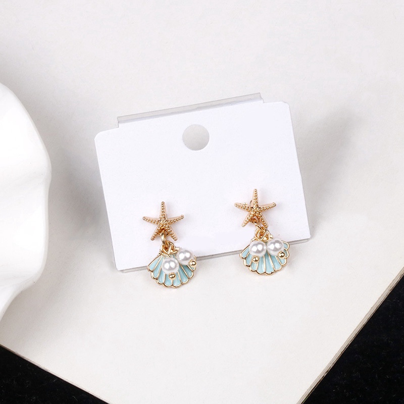 Anting Stud Desain Bintang Laut Kerang Aksen Mutiara Bahan 925 Silver Gaya Korea