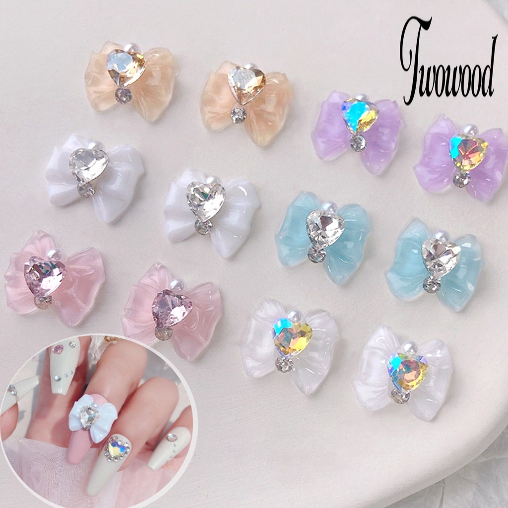 10pcs Charms Berlian Imitasi Bentuk Hati Dan Pita Untuk Dekorasi Nail Art