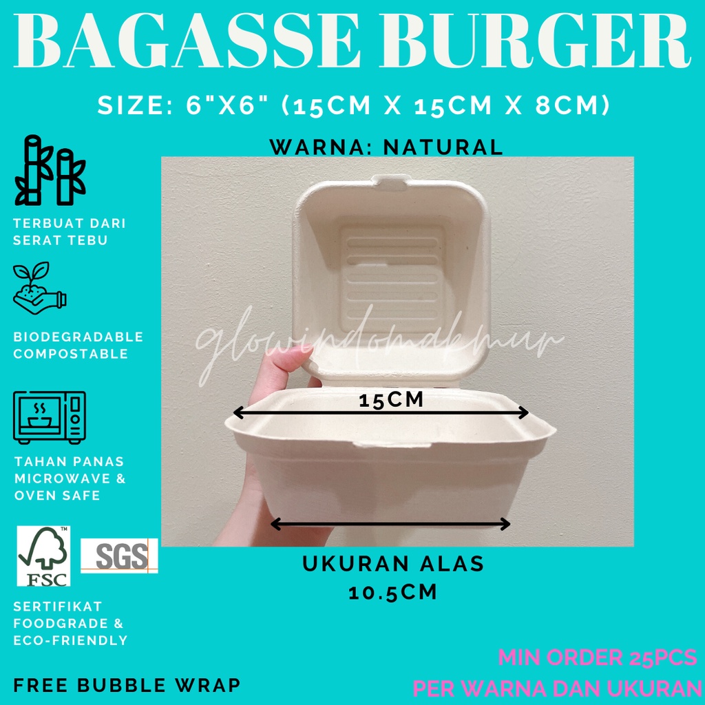 Bagasse Burger Kotak Kecil 15cm x 15cm 6inch Lunchbox Sugarcane Serat Tebu ECO FRIENDLY BENTO CAKE