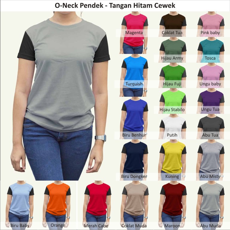 Tshirt / Kaos Polos Oneck Wanita / Cewek Tangan Hitam, cotton Combed Murah