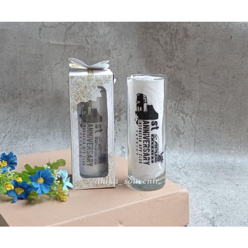 Souvenir Gelas Slim Bambu Kemas box dan mika motif