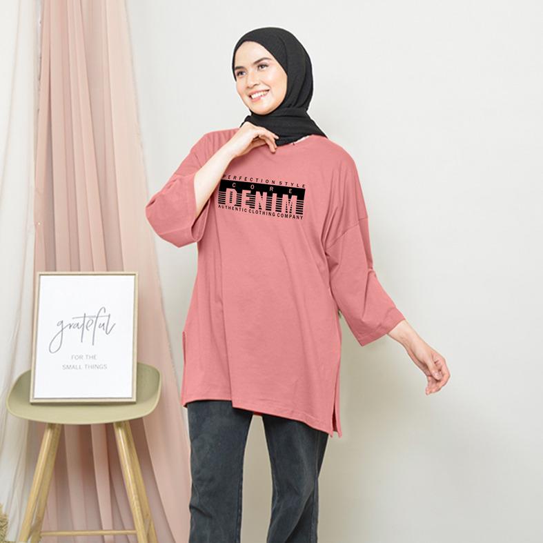 KAOS OVERSIZE TOP HIJAB WANITA BASIC DENIM / OVERSIZE SLIT BLOUSE