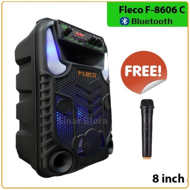 SPEAKER BLUETOOTH KARAOKE FLECO F-8606C LED 8INCH FREE MIC WIRELESS TANPA KABEL + REMOT KARAOKE SUPE