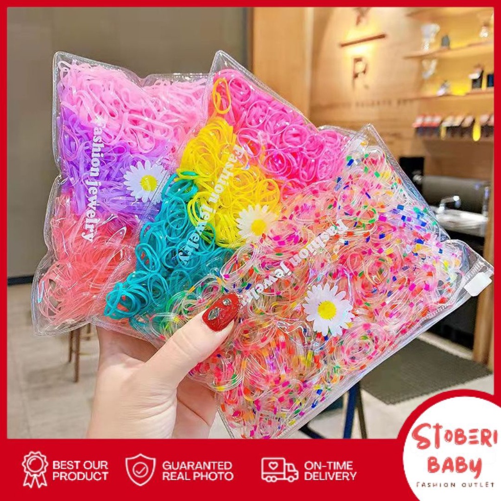 PUNCAK 3.3 stoberi baby - KARET STABILO Free Pouch - 500PCS Ikat Rambut Karet Anak Jepang / Ikat Rambut Elastis / Ikat Rambut Anak Korea