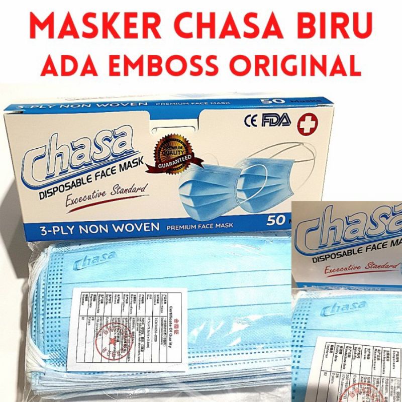 Masker Earloop 3ply Chasa Warna Biru Embos 1box Isi 50Pcs