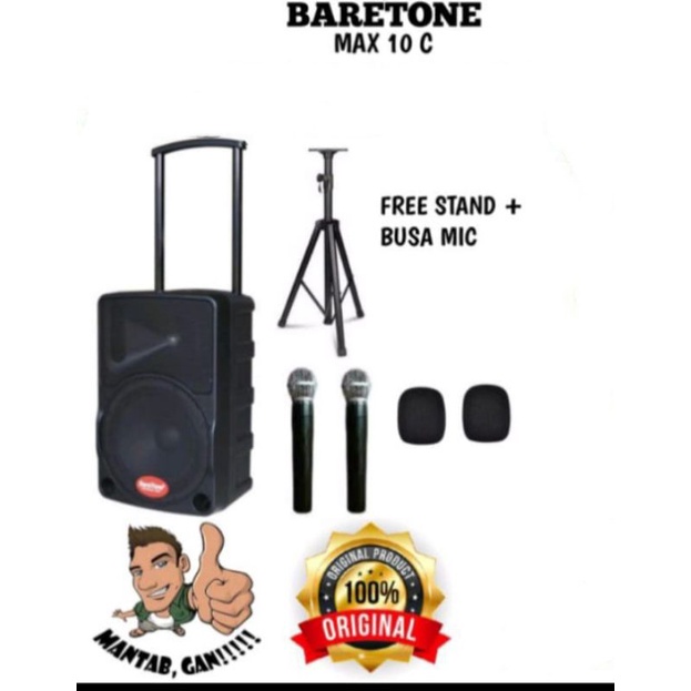 Speaker Aktif Wireless Portabel Bareton 10 Inch 2 Mic Wirelles + Stand Speaker