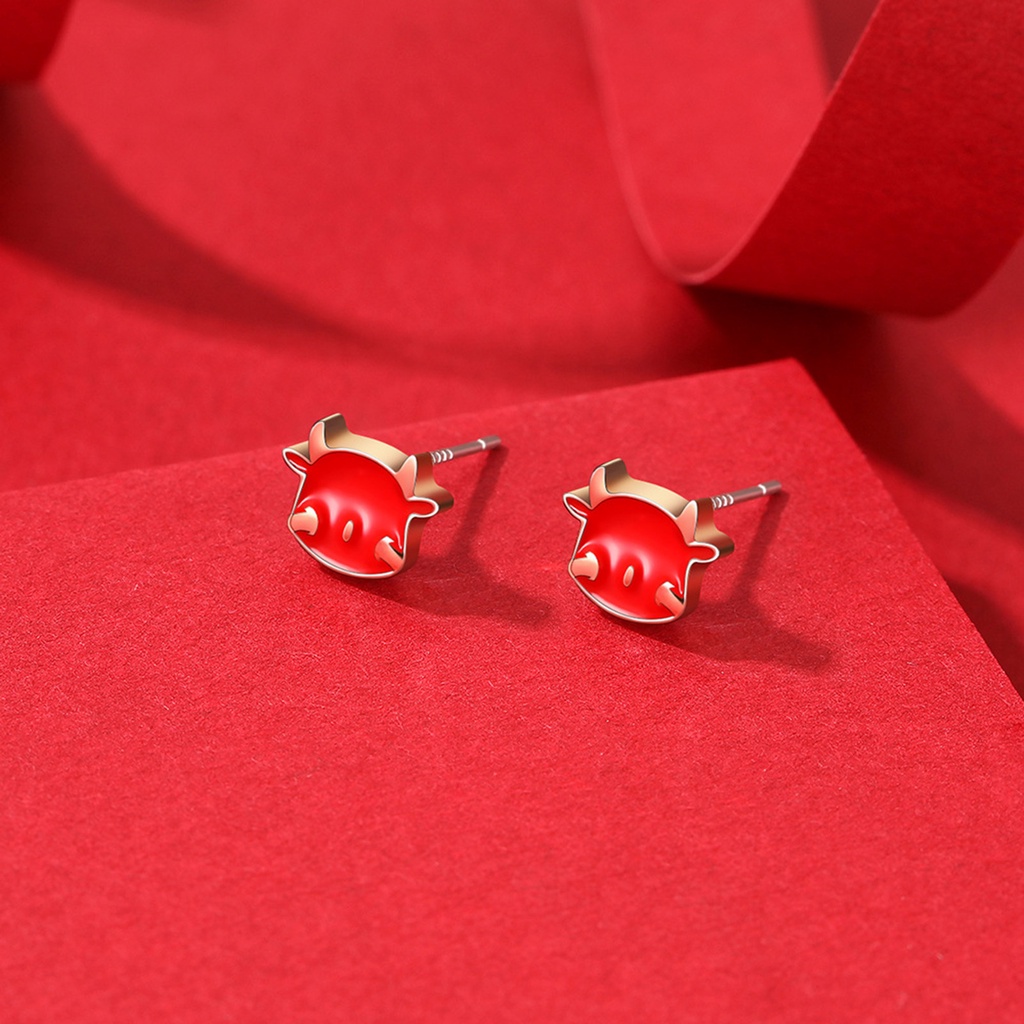 Hu Hu Hu Hu Hu Alat Bantu Pasang Kacamata♡ 1 Pasang Anting Stud Desain Sapi Warna Merah Gaya China Untuk Wanita