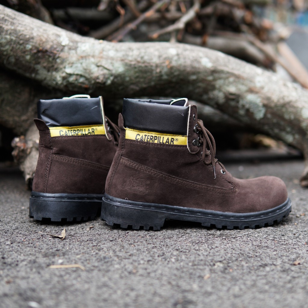 MS - Sepatu Boots Safety Pria Caterpillar High Suede Coklat Bots Sefty Bots Kerja Lapangan Proyek