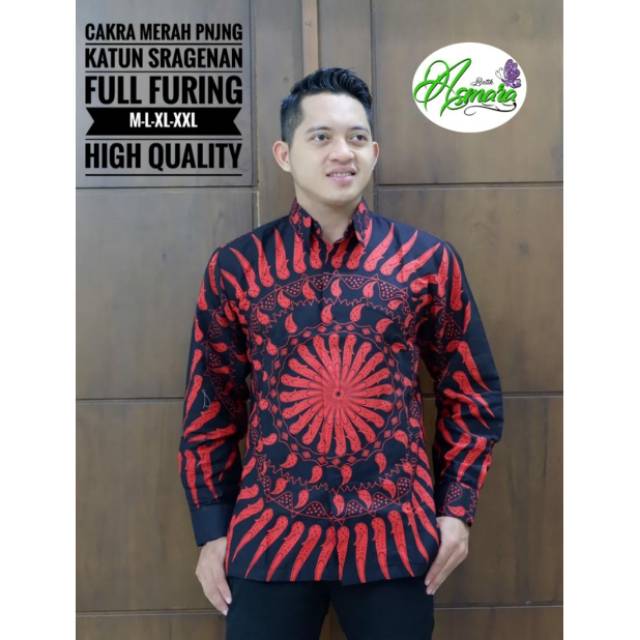 Batik Solo CAKRA MERAH Kemeja Pria Katun Halus Sragenan Full Furing