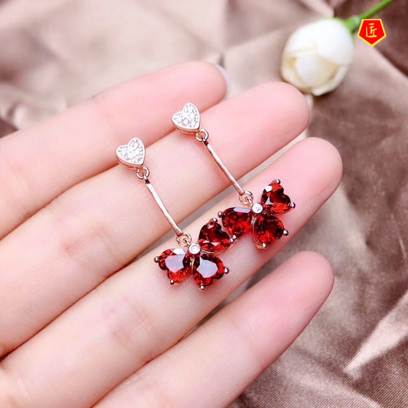 [Ready Stock]Four-Leaf Clover Necklace Heart-Shaped Ruby Ring Earings Set