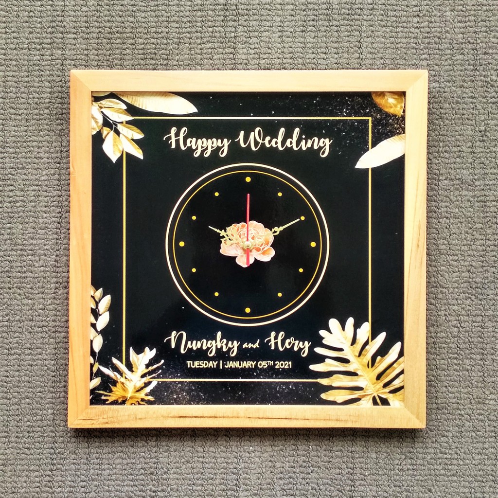 Bingkai Kayu Kado Pernikahan Jam Dinding - Hadiah Pernikahan Jam Custom - Kado Wedding