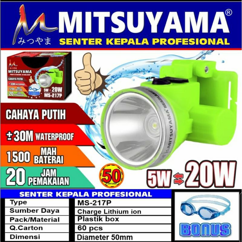 Mitsuyama MS -217 Senter Kepala LED 20W Selam Waterproof Bonus Kaca Mata Renang/Senter Kepala Selam