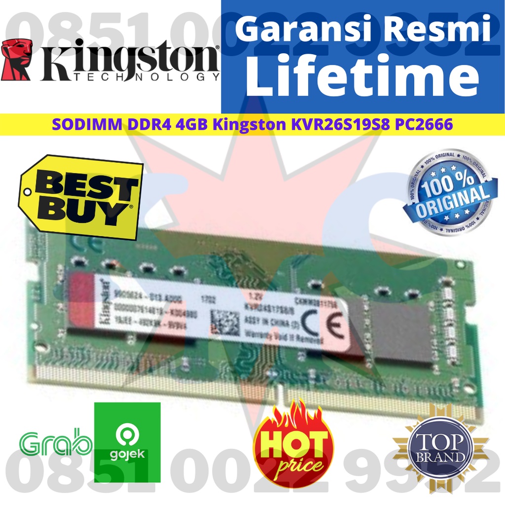 SODIMM DDR4 4 GB Kingston KVR26S19S8 PC2666 DDR4 4GB Resmi