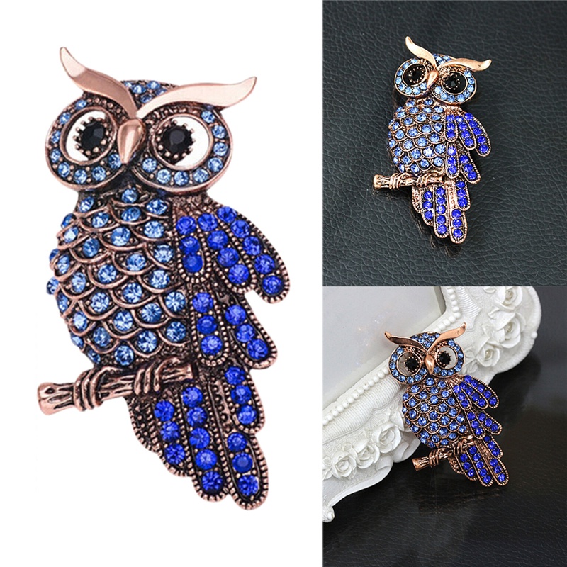 Bros Pin Bentuk Burung Hantu Warna Emas Aksen Berlian Imitasi Biru Gaya Vintage Untuk Pernikahan