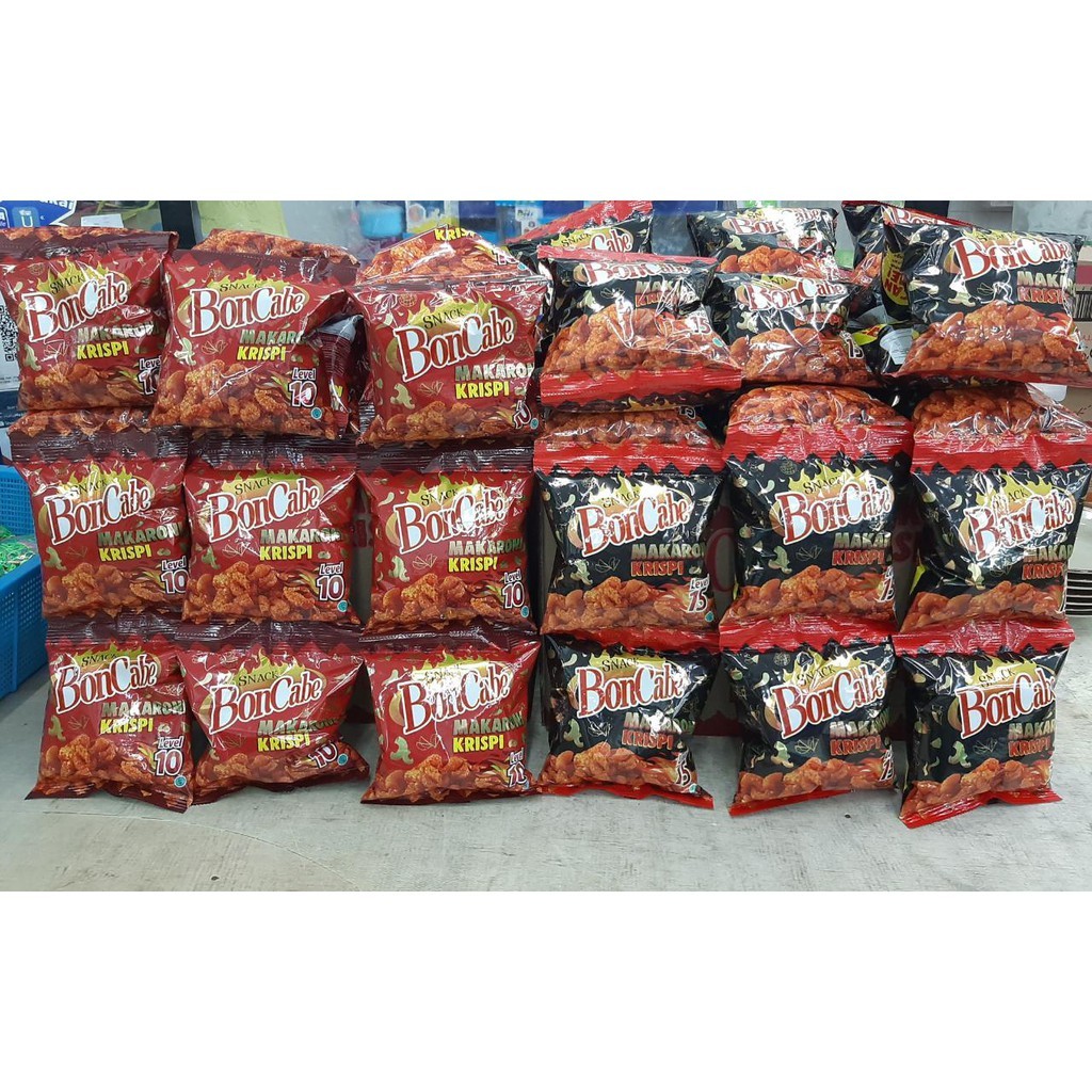 

Makaroni Snak BonCabe krispi level 15 dan level 10 kobe Kemasan Mini (30gr) 1 Karton isi 60 Psc