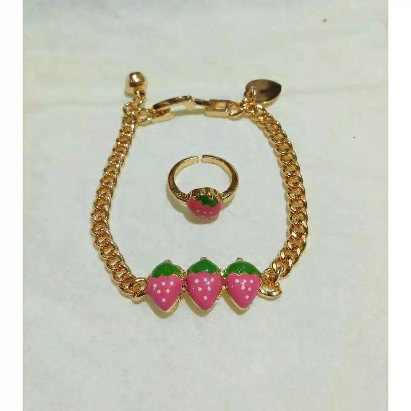 fourfashion gelang+cincin anak stroberi pink