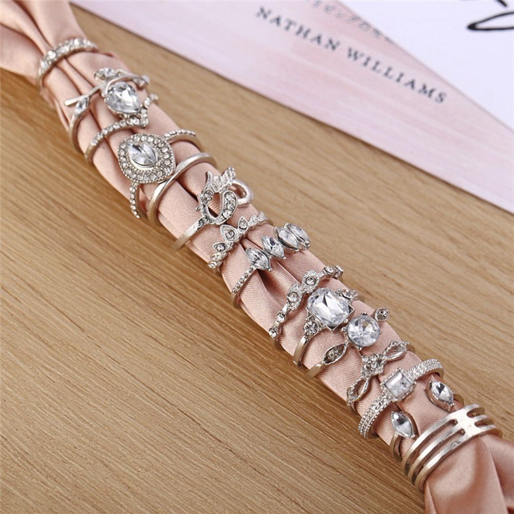 ROW 15PCS Party Rings Set Women Hollow Heart Boho Finger Ring Fashion Jewelry Silver Color Elegant Statement Crystal Leaves Flower