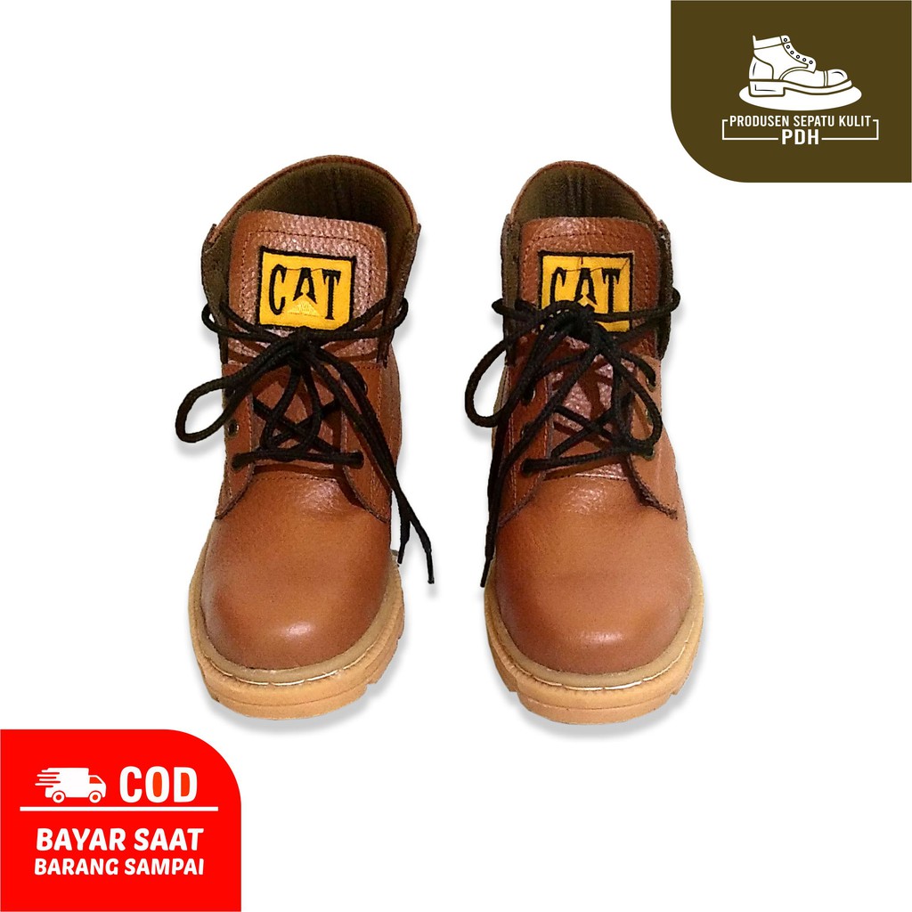 SEPATU SAFETY MURAH BOOT PENDEK TALI KING CATERPILLAR UJUNG BESI KULIT ASLI CAT.CP TAN