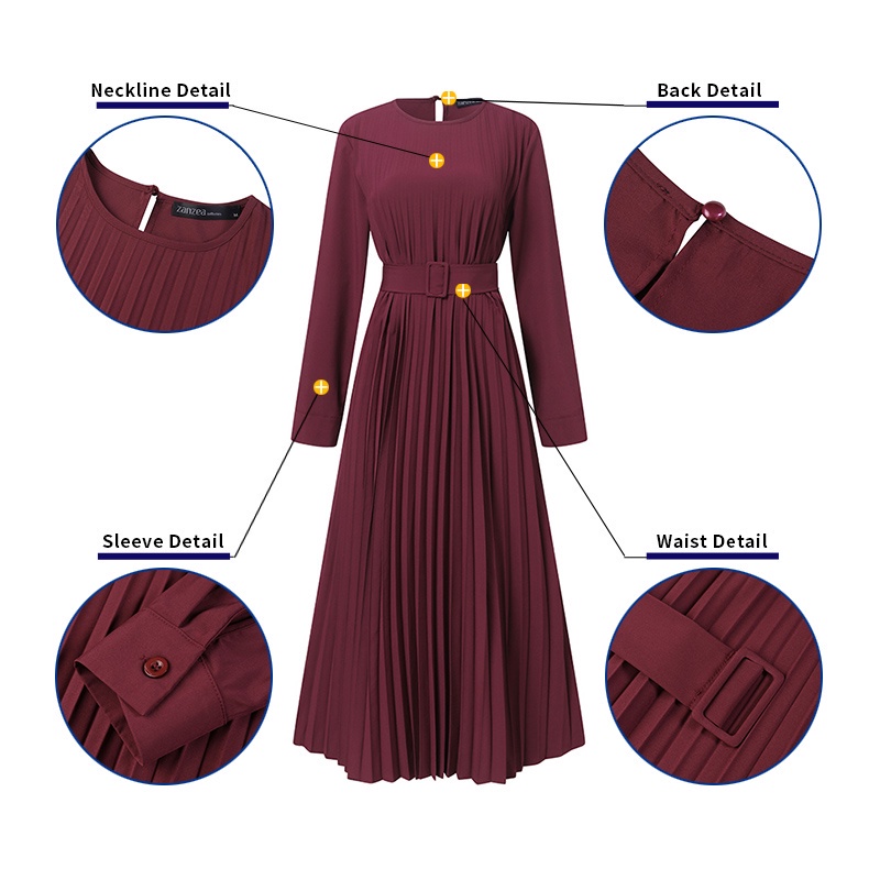ZANZEA Women Fashion Casual Solid Color Long Sleeve O Neck Retro Muslim With Belt Maxi Dress