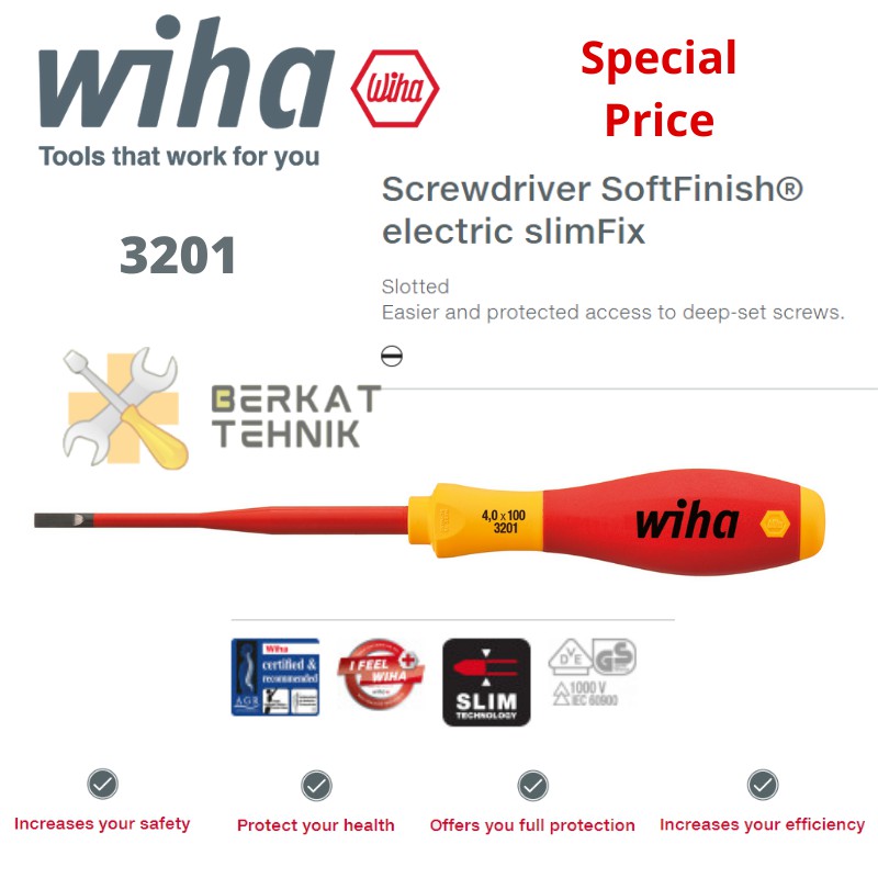 Obeng WIHA 3201 SoftFinish Electric SlimFix Slotted Screwdriver Obeng Listrik Elektrik Slimfit 1000V