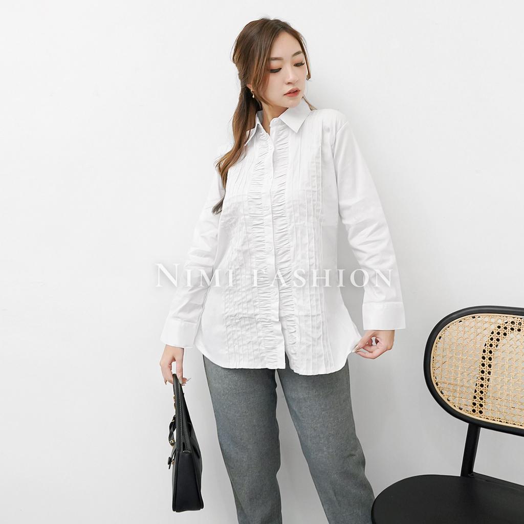 NIMI - Kemeja Putih Kantor Jumbo | Kemeja Putih Rempel Dada | Baju Kantor Formal | Atasan Kemeja Wanita