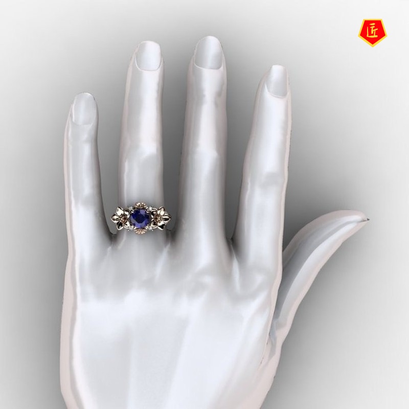 [Ready Stock]Creative Silver Inlaid Sapphire Flower Ring