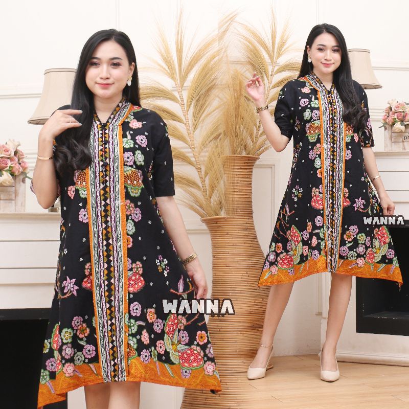 DRESS BATIK WANITA LENGAN PENDEK ELEGAN CANTIK DAN MODERN BATIK WANITA