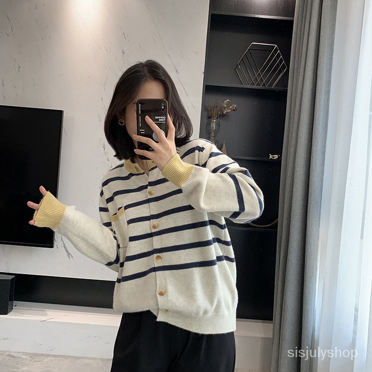 #Sisjuly# Wanita Striped Button Cardigan Longgar Preppy Lengan Panjang Jaket Sweater Rajut