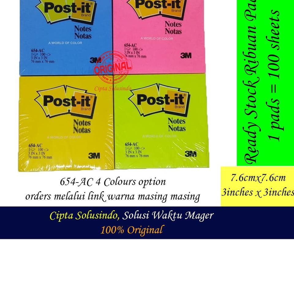 

New Stiky notes - post it - ukuran 7.6 cm x 7.6 cm (3 inch x 3 inch) per warna [654-ac] ,,,