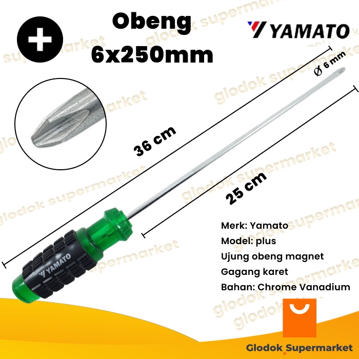 Obeng Plus 10 inch Yamato Diameter 6mm Panjang Besi 25cm Magnet Gagang Karet