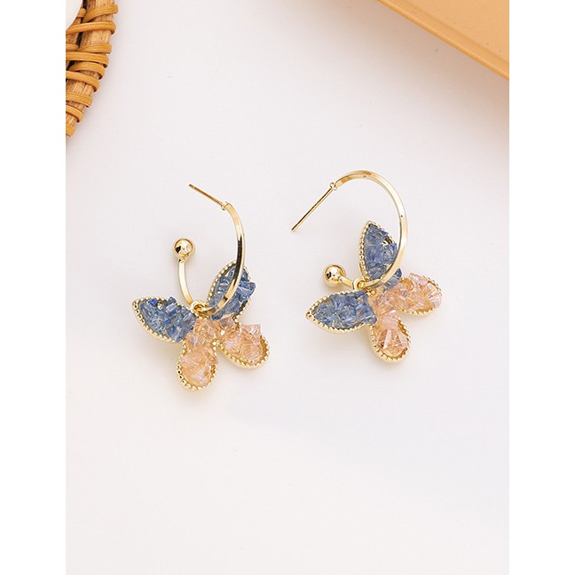 LRC Anting Tusuk Fashion Crystal Butterfly Long Tassel Alloy Earrings K75994