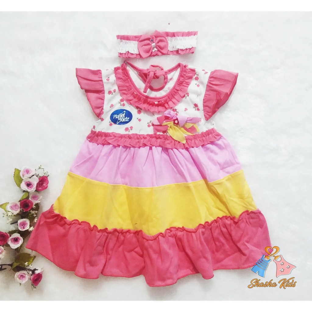 [S-033] Baju Bayi Perempuan /Dress Bayi Perempuan Planet Kids  cantik Murah 0-6 bln Bonus BANDANA &amp; Celana dalam Bayi