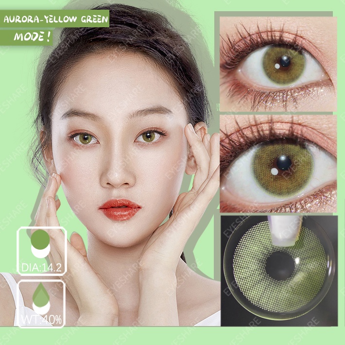 【COD&amp;Spot】Sepasang lensa kontak berwarna diameter 14.2MM mata soflen brown softlens natural soflens korea aesthetic softlens minus(0.00) free lenscase big eye AURORA CRYSTAL/YELLOW-GREEN harian soflen