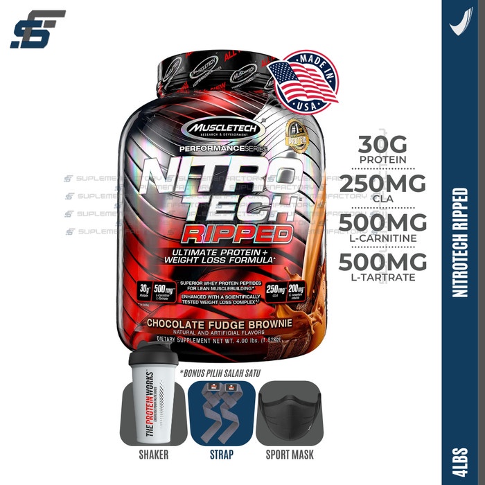 Muscletech Nitrotech Ripped 4lbs 4 lbs Nitro tech Muscle Tech - BONUS STRAPSuplemen Protein Obat Pem