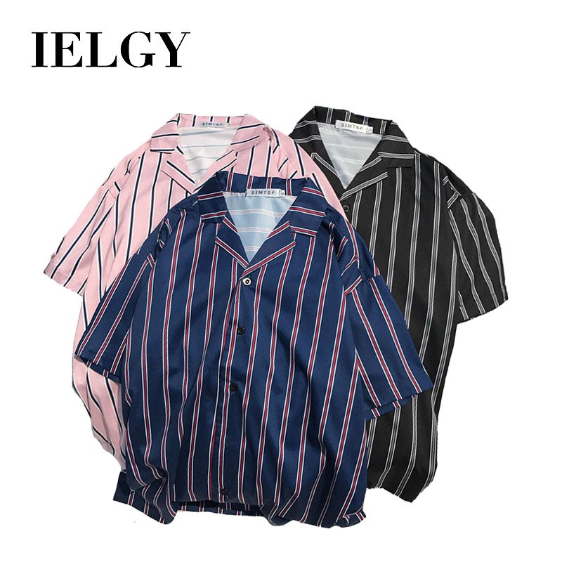 IELGY Kemeja  Lengan Pendek Model  V Neck Motif Garis  untuk 