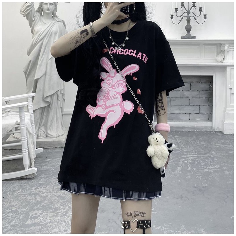 KBS-91 kaos full print kelinci rabbit black and pink oversize t-shirt import korea jepang