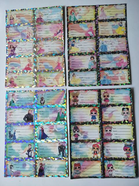 Stiker Label Nama Anak 10 lembar Hologram Karakter ultraman lol princess frozen cars Murah