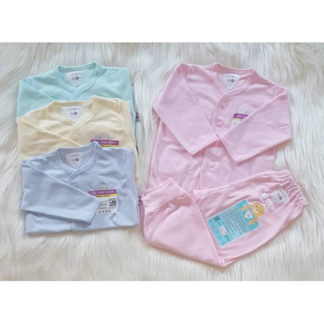 Setelan Baju Panjang Bayi SML Kecil Polos Warna Kancing Depan Libby