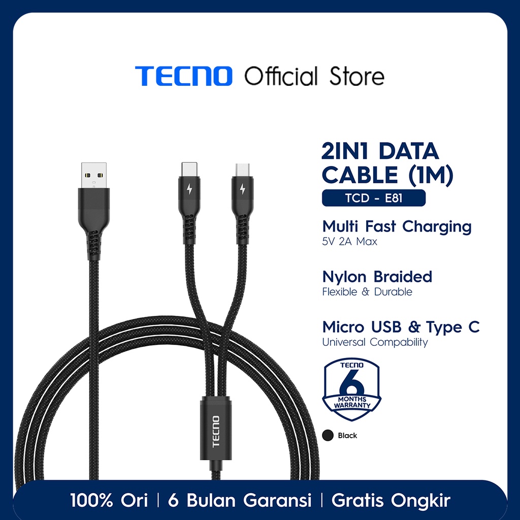 TECNO TCD-E81 Micro USB/Type-C Android Charger Cable 1m [Dual Charger, Kabel cabang]