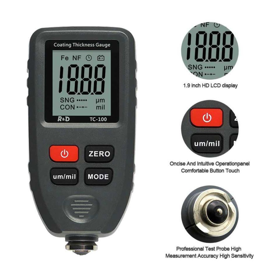 R&amp;D Test Ketebalan Cat Mobil Coating Thickness Gauge 0.1micron/0-1300 - TC100 - Gray