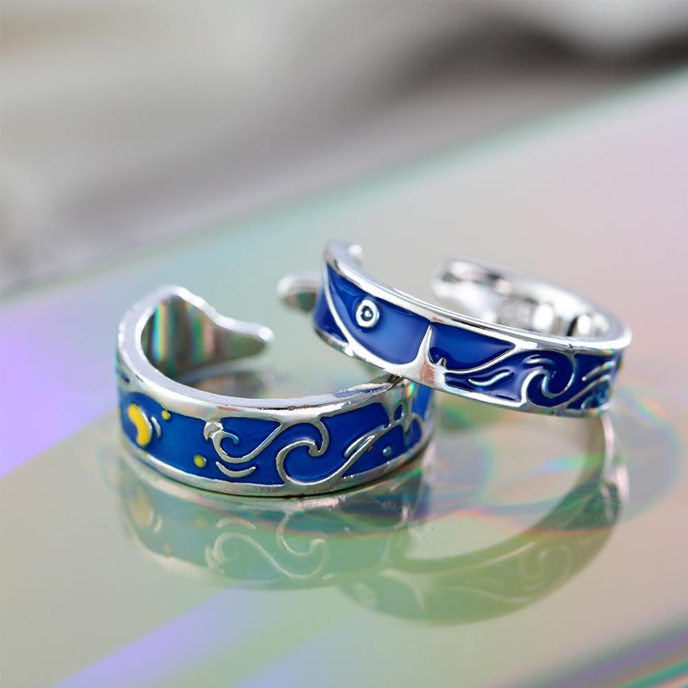 PREVA Couple Rings Valentine's Day Present Jewelry Blue Silver Plate Weddings Romantic Starry Sky