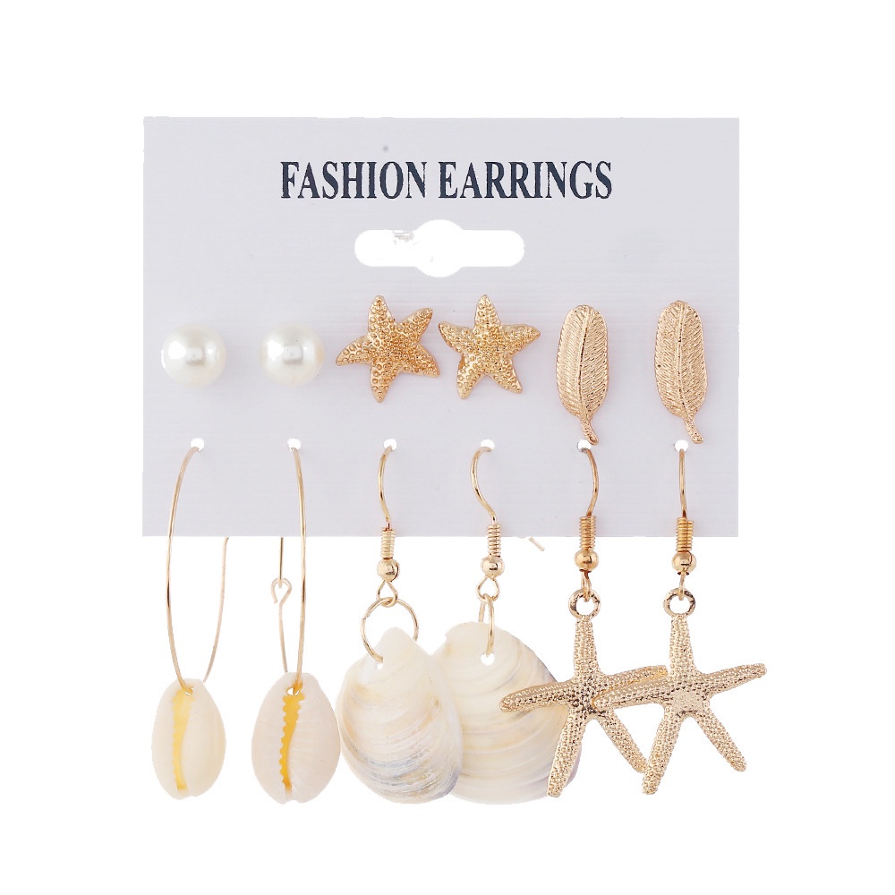 6 Pasang Anting Tusuk Motif Bintang Laut / Kerang / Mutiara Untuk Wanita