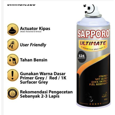 Cat Semprot Sapporo Ultimate S26 Black Doff / Sapporo Spray Hitam Doff / Pilok / Pylox