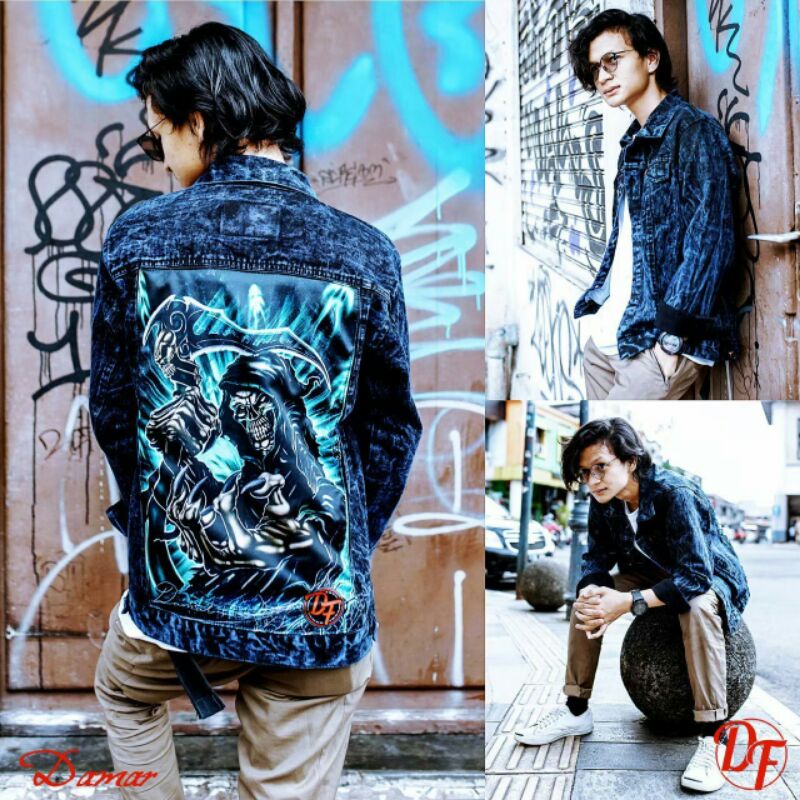 JAKET JEANS JAKET DENIM PRINTING SANDWASH MOTIF TENGKORAK SKULL JAKET PRIA JAKET JEANS