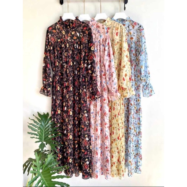 gamis plisket ceruty import/gamis ceruty motif bunga