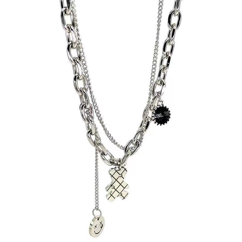 Kalung Double Layer Dengan Liontin Beruang Smiley Face Gaya Hip-Hop Untuk Wanita