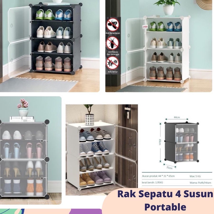 Rak Sepatu Portable 2 Kolom 4 Kotak Sendal Tebal Tertutup Anti Debu Lemari Sepatu Minimalis 4 susun - Pabrikwallstiker