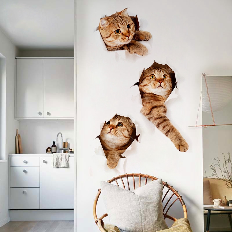 Hot Sale/Stiker Dinding Kucing 3D Kitten Lucu/3D Kitten Cat Sticker/Stiker Kamar Mandi/Rumah Kamar Tidur/Kucing Hidup Stiker Mobil/Wall Art Decor/Kulkas Decal Home Mural Art Decor