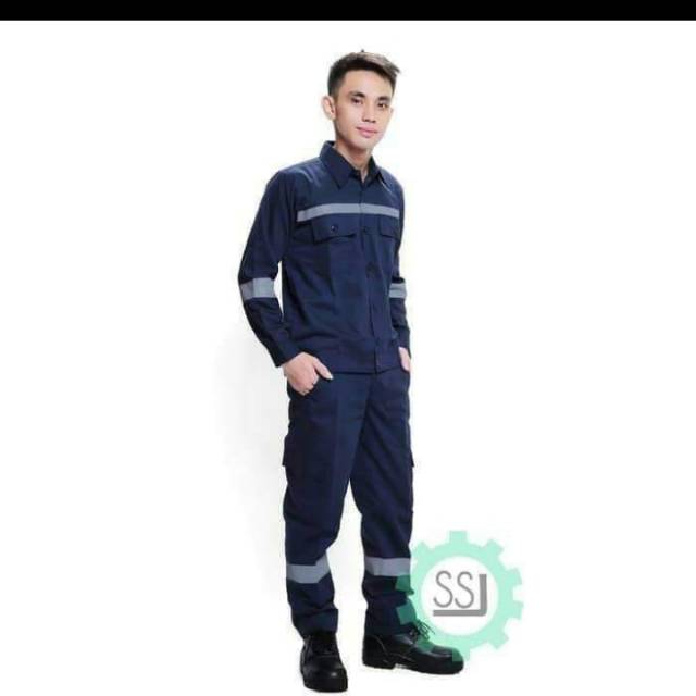 Seragam safety setelan baju + celana murah bahan tebal/werpak kerja pria biru dongker