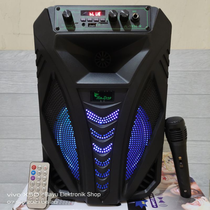 Salon Bluetooth BT Speaker Jinlong Bintang 8 Inchi Bonus Mic Remot FM Radio Kartu Memori USB AUX Luz
